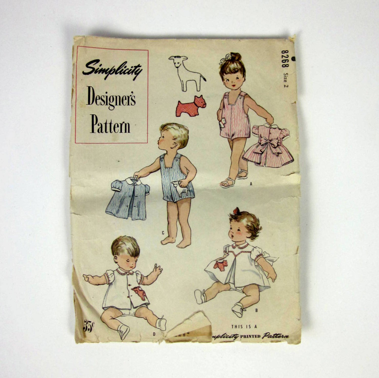 Toddler Size 2 Playsuit, Jacket and Apron 50s Simplicity Designers Pattern 8268 / Complete with Transfers for Animal Applique Pockets