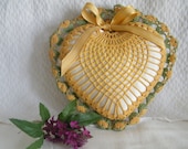 Vintage Crochet Heart Pincushion Mustard Green Ring Bearer Pillow Sewing Collectible Handmade