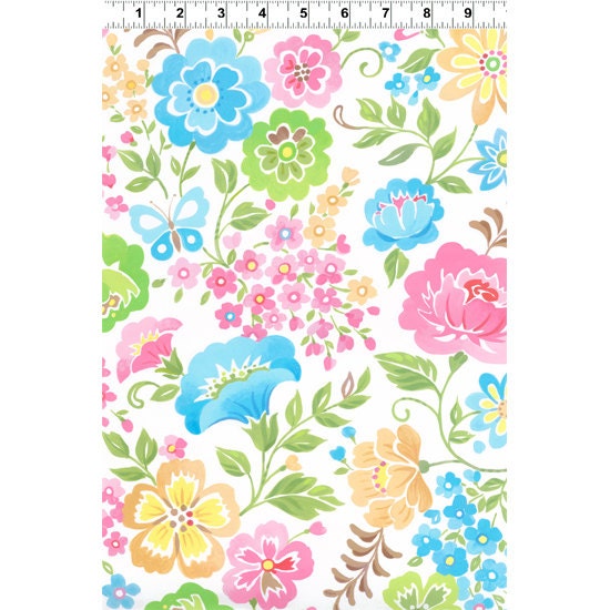 Chinoise CW Fabric Purple Yellow Green Floral Flowers with Butterflies Butterfly on White