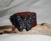 Upcycled Recycled Vintage Leather Belt Cuff Bracelet with Rhinestone Embellished Metal Butterfly Attached