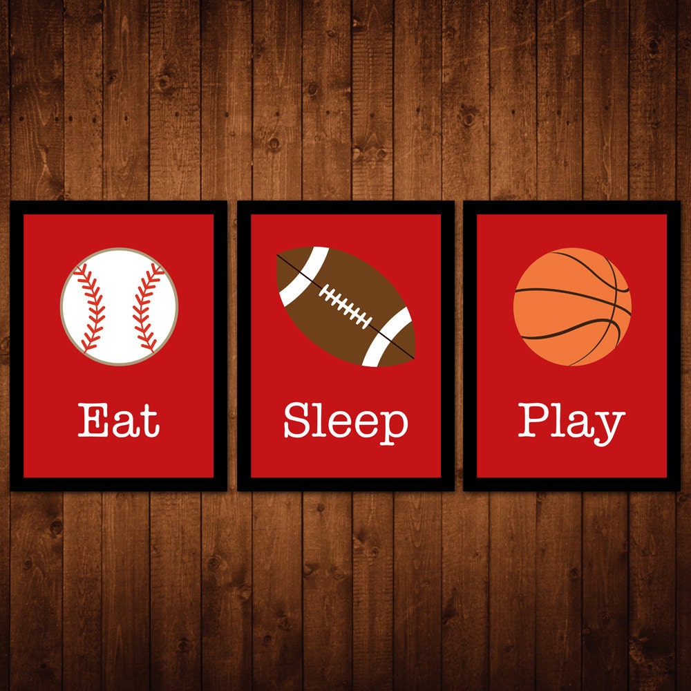 8x10 "Eat Sleep Play" Sports Wall Art Package - Set of 3 - baseball, football, basketball - red