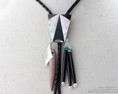 Talisman Bolo Tie - Southwestern Boho Modern Tribal - Inlaid Bolo Slide - Bone, Shell, Jasper, Brass, African Turquoise, Leather, Resin
