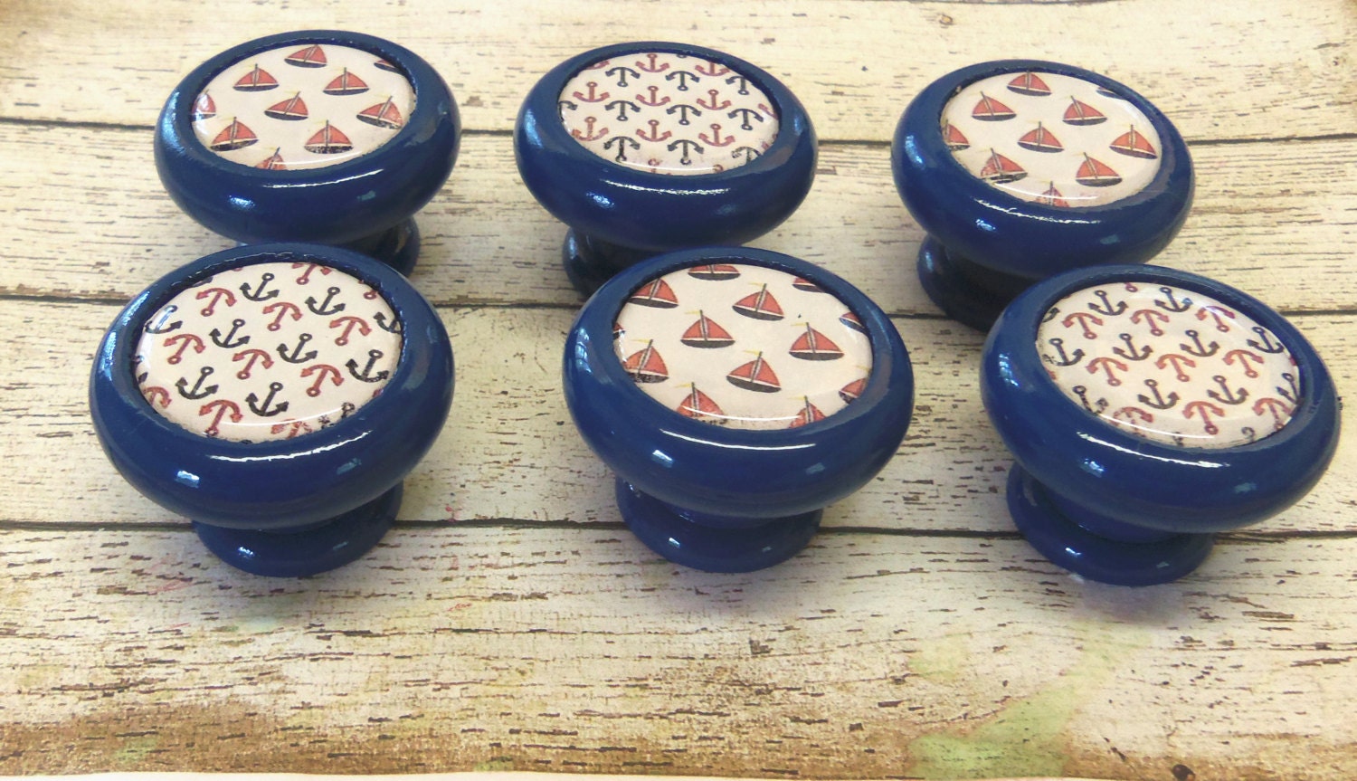 6 Nautical Knobs Sailboat Anchor Pulls Red White Blue Coastal Boating Beach Sailing Wood Knobs