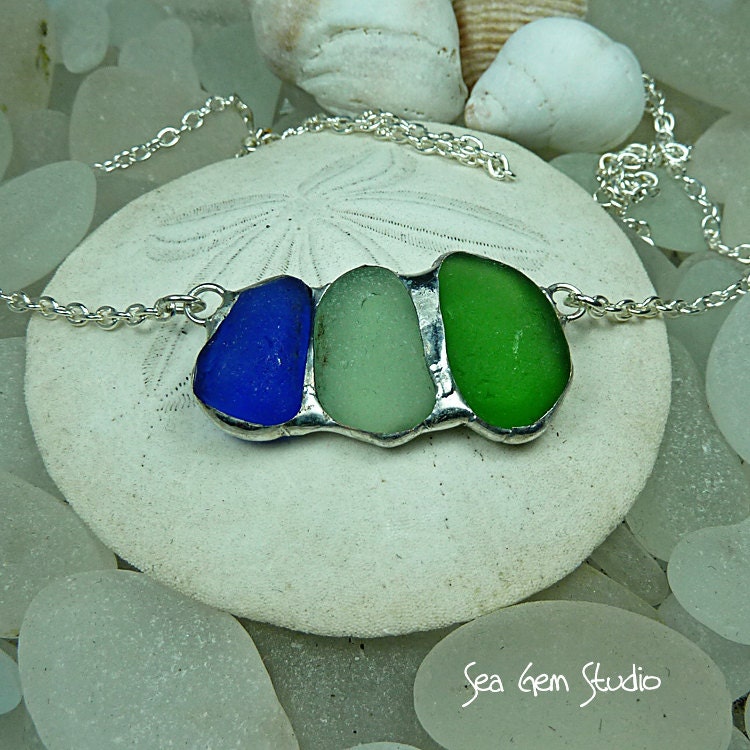 Tri Sea Glass Necklace, beach wedding, sea glass jewelry, nautical jewelry, beach glass
