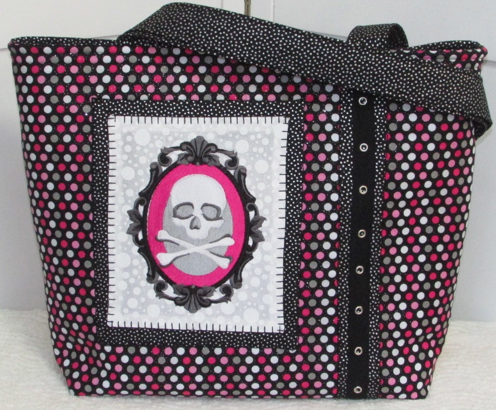 Cameo Skull large tote Bag  Pink and Black Polka dots  Steampunk skull and crossbones  purse Ready To Ship