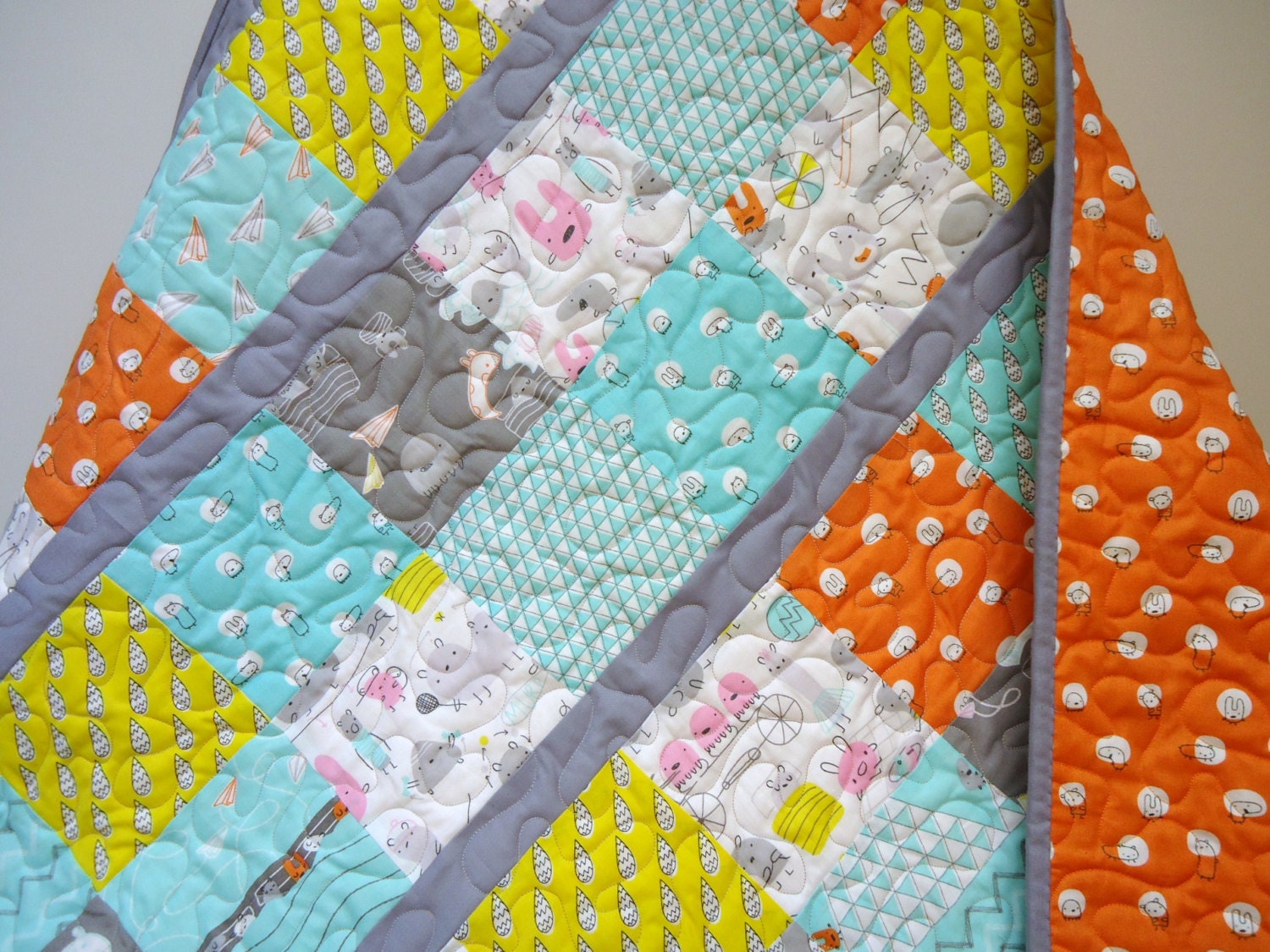Baby Quilts Organic Cotton Monsterz Crib Bedding Patchwork Baby Quilt Boy Quilt Girl Quilt Aqua Orange Gray Grey Modern Baby Blanket