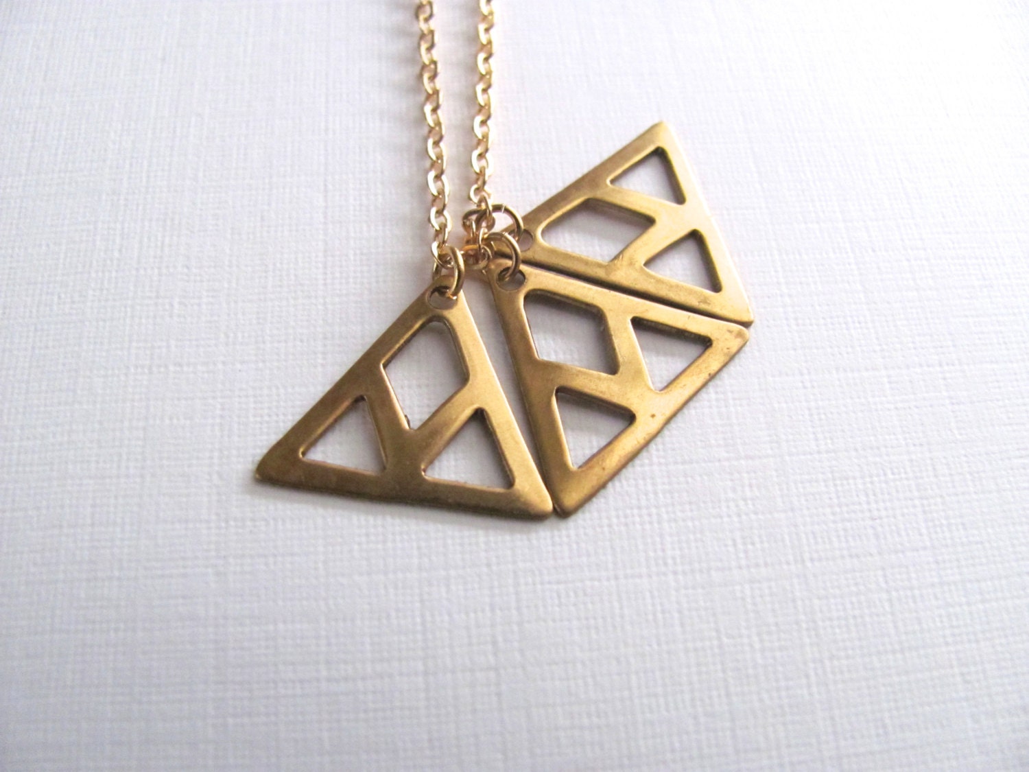 Long tiny triple triangle pendant necklace, geometric, 14k gold plated chain and brass vintage triangle pendant,  geometric jewelry