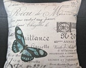 Decorative Pillow Aqua Blue Butterfly in Paris on French Script Fabric