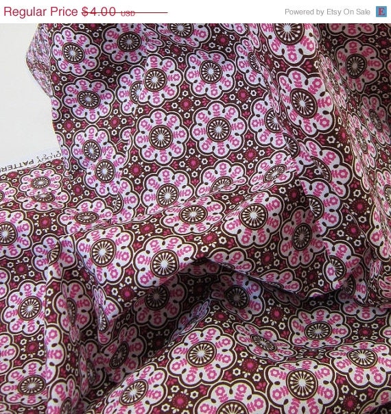 MEMORIAL WEEKEND SALE Cotton Fabric: Pink and Purple Folk Life Floral Medallion  - 1/2 Yd