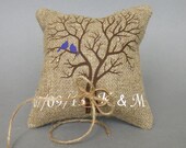 Wedding rustic natural Burlap linen Ring Bearer Pillow Purple Birds on Brown tree and linen rope