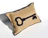 Skeleton Key Natural Burlap Pillow Appliqued With Black Recycled Felt