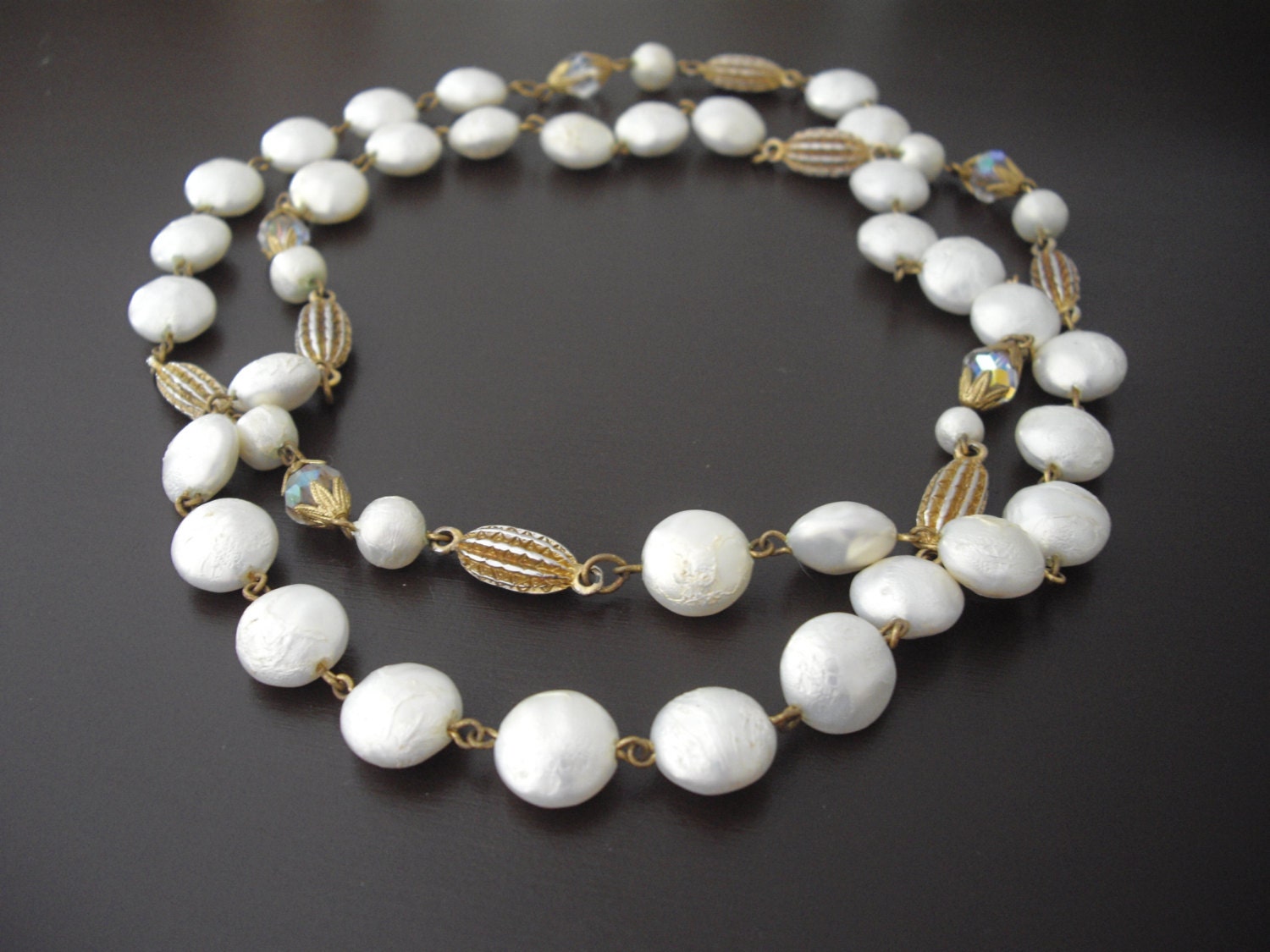 Vintage Faux Pearl Necklace, Long Necklace, Pearl and Crystal Necklace