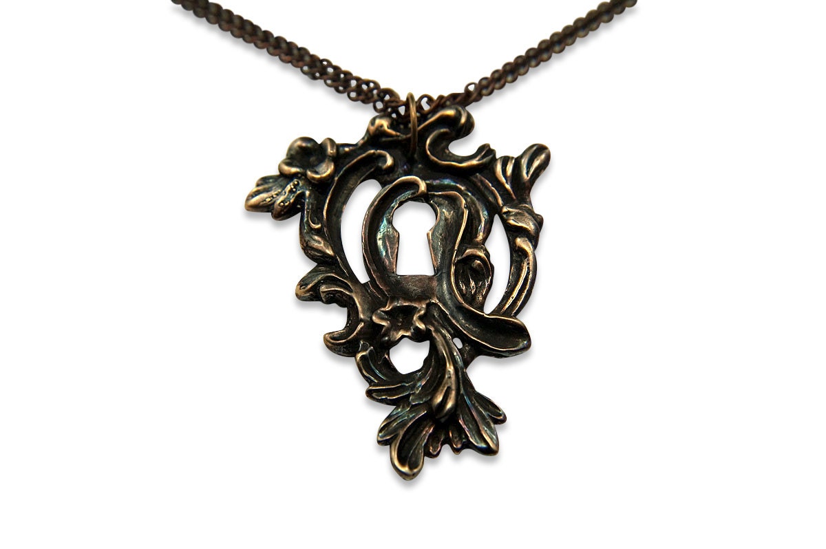 Victorian Key hole Necklace Pendant - Ornate Bronze Escutcheon Skeleton Key