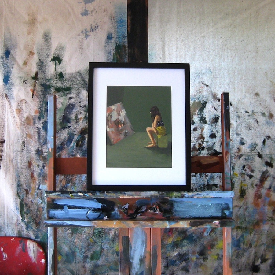Undress . olive green giclee art print of painting