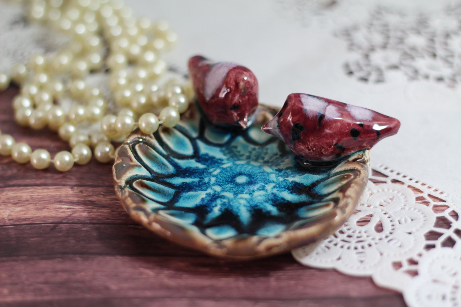 Custom Wedding cake topper Ceramic brown and turquoise lace bowl with a pair of love birds in a color of your choice