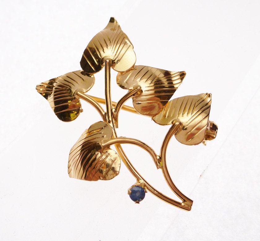 18k Sapphire Leaf Brooch
