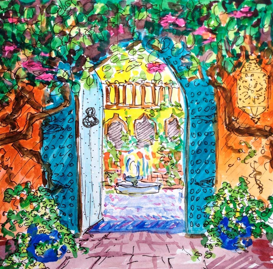 Moroccan garden watercolor painting