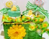 Spring Chicken Bright Baby Gift Basket with Cupcakes and Lollipops
