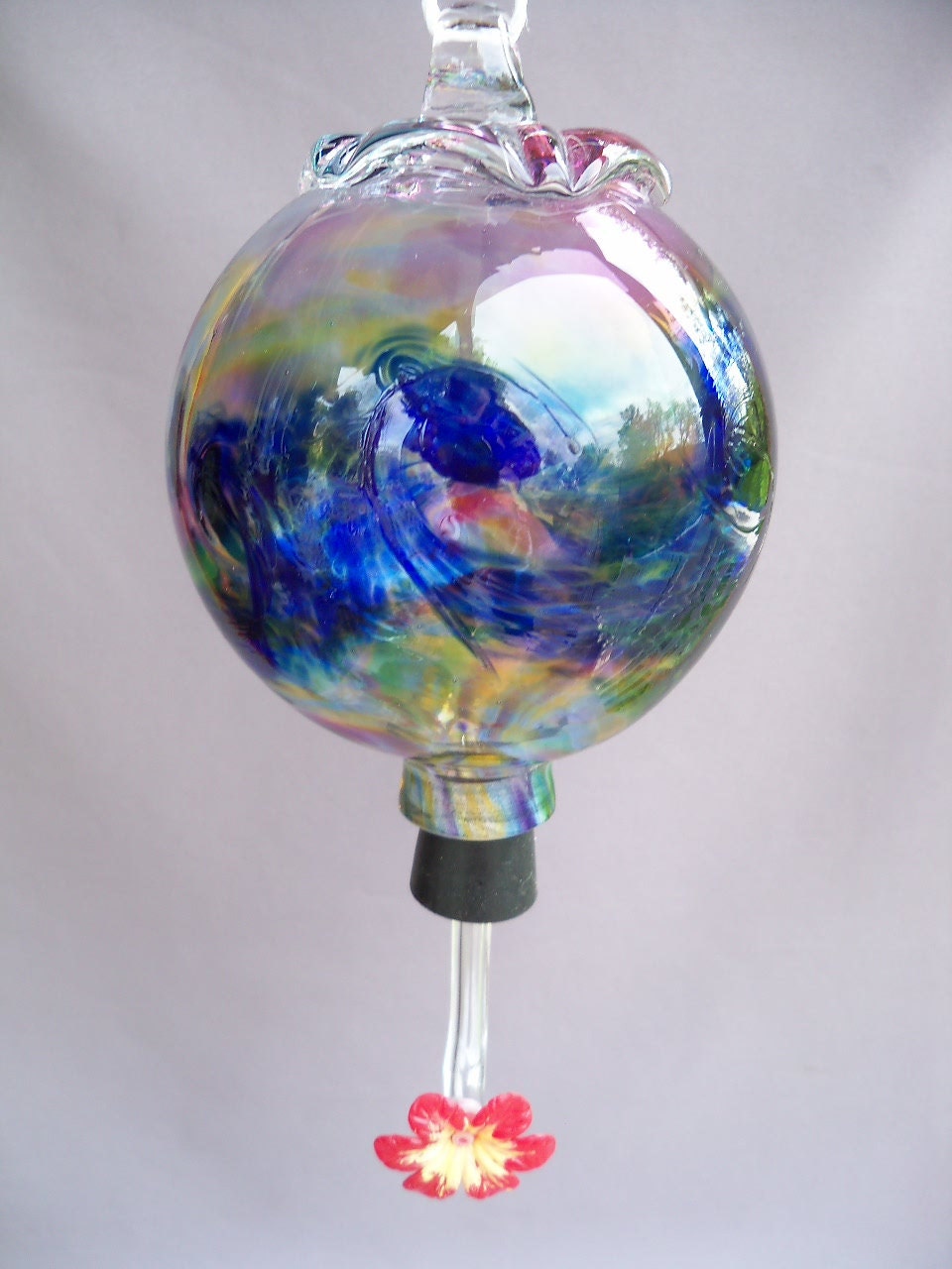 Hand Blown Art Glass Hummingbird Feeder