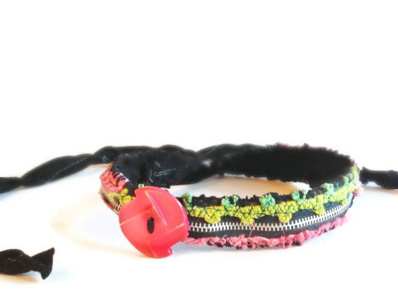 RESERVED for Kayleigh. One of a kind Headband, Springy UpCycled Zipper Boho Head Dress Pink Green Black