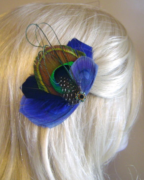 Peacock Feather Hair Clip ROYAL BLUE Feather with Navy Blue Goose Feathers and Rhinestone Hair Fascinator Clip  Ready to Ship
