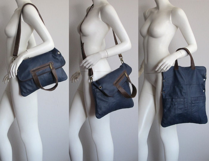 Unique 4 positions blue purse with brown details, RECYCLED LEATHER