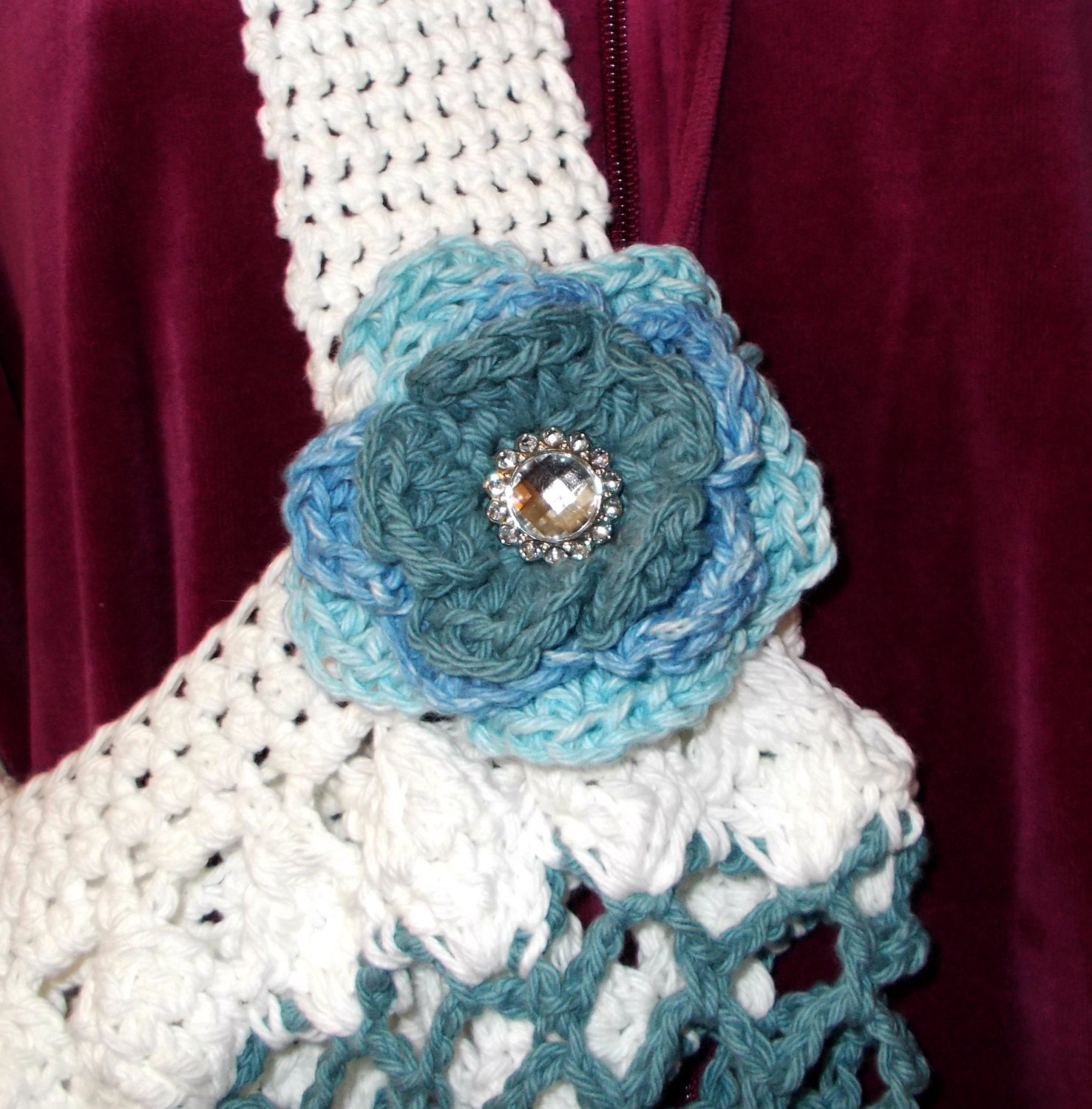 Crochet Market Bag Denim Blue with attached jeweled flower FREE SHIPPING