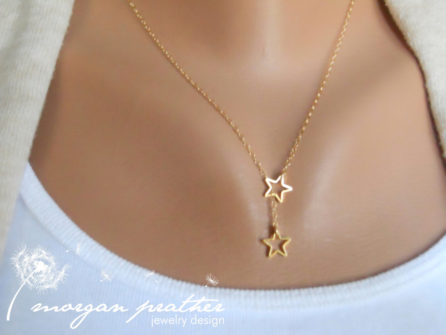 Tiny Star Lariat Necklace - Dainty Little Star Shape Brass Charm Suspended on Gold Filled Chain - morganprather