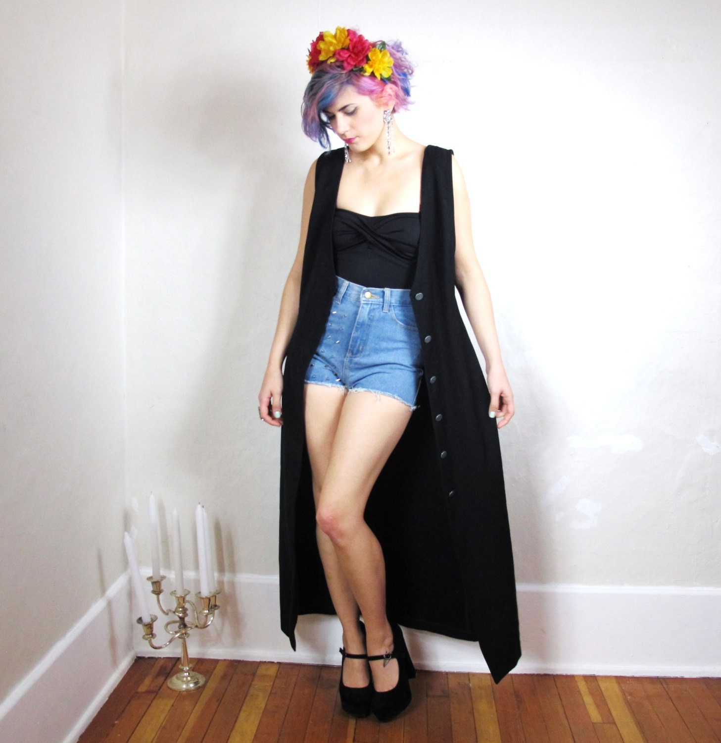 90s Fitted Coin Button Down Black Maxi Dress (M)
