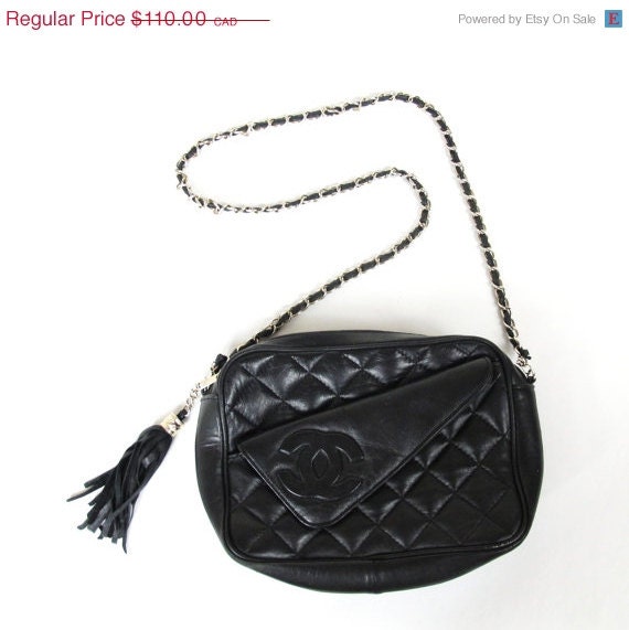 20% OFF VACATION SALE Quilted Black Leather Logo Gold Chain Strap Tassel Shoulder Purse