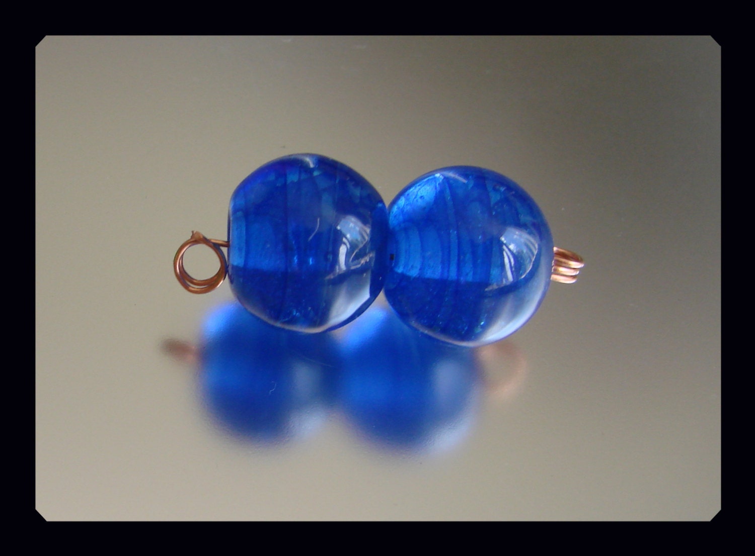 Handmade Lampwork Bead Pair, Blue Swirl