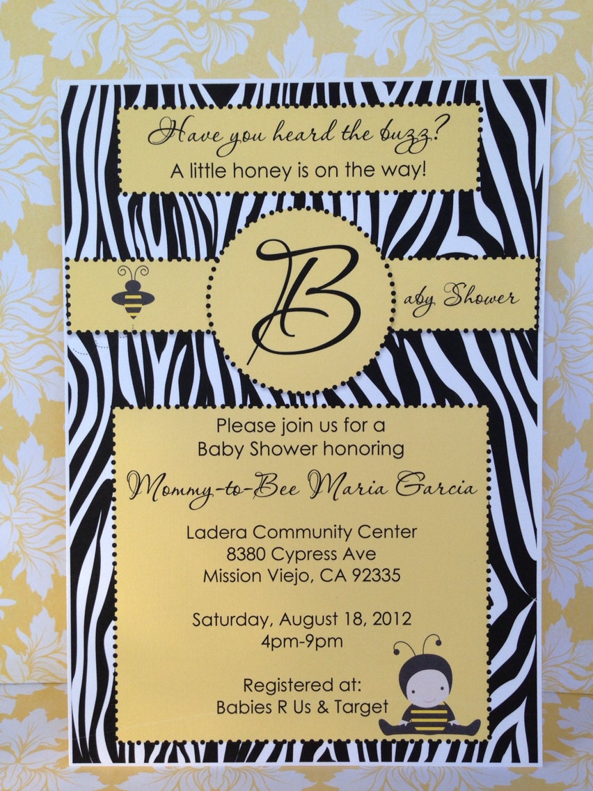 25 Bumble Bee Baby Boy white & Black Zebra Baby Shower  Invitation