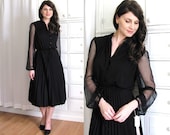 Sheer Sleeve Dress / Black 70s Dress / Accordion Pleated Dress