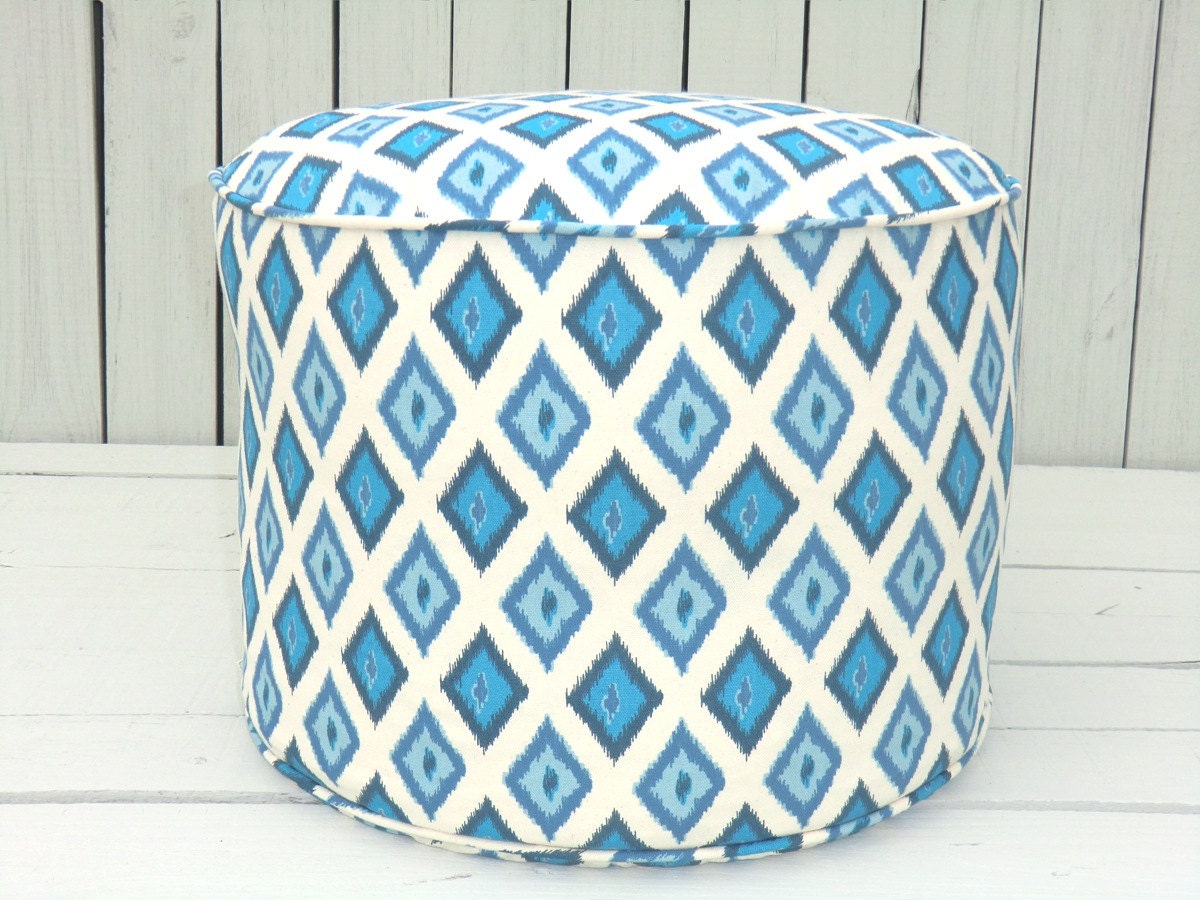 Blue pouf ottoman, round ottoman in 18", ikat ottoman ,bean bag chair, ikat pouf, ikat floor cushion, pouffe, floor pouf