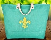 Fleur de Lis Aqua Jute Burlap Tote Beach Bag Purse Personalized Monogram  Mothers Day Teacher Graduation