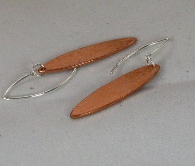 2 inch Oval copper earrings with sterling silver ear wires