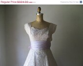 SALE // vintage 1950s dress / white nylon embroidered eyelet light blue violet cummerbund large bow full skirt wedding