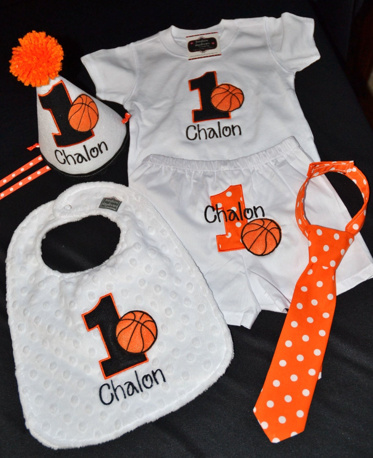 Deluxe 1st Birthday Hat, Bib,shirt, boxer diaper cover and baby neck tie Combo Set smash cake photo prop Basketball birthday Theme