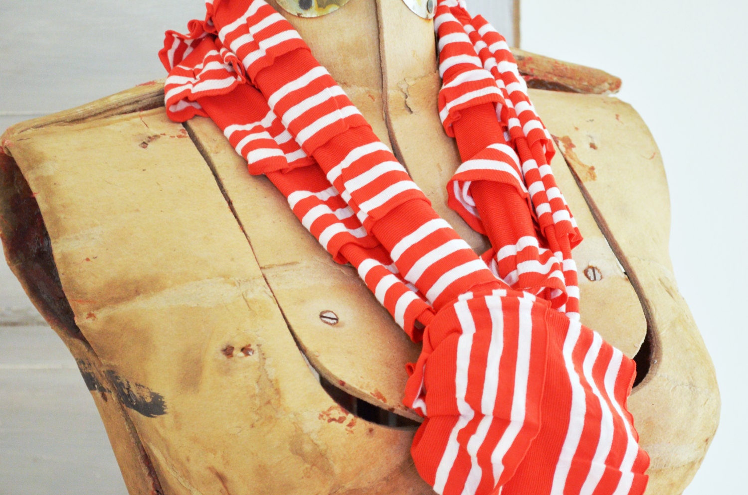 Women's Ruffled Scarf made from ruffled fabric red and cream white stripes