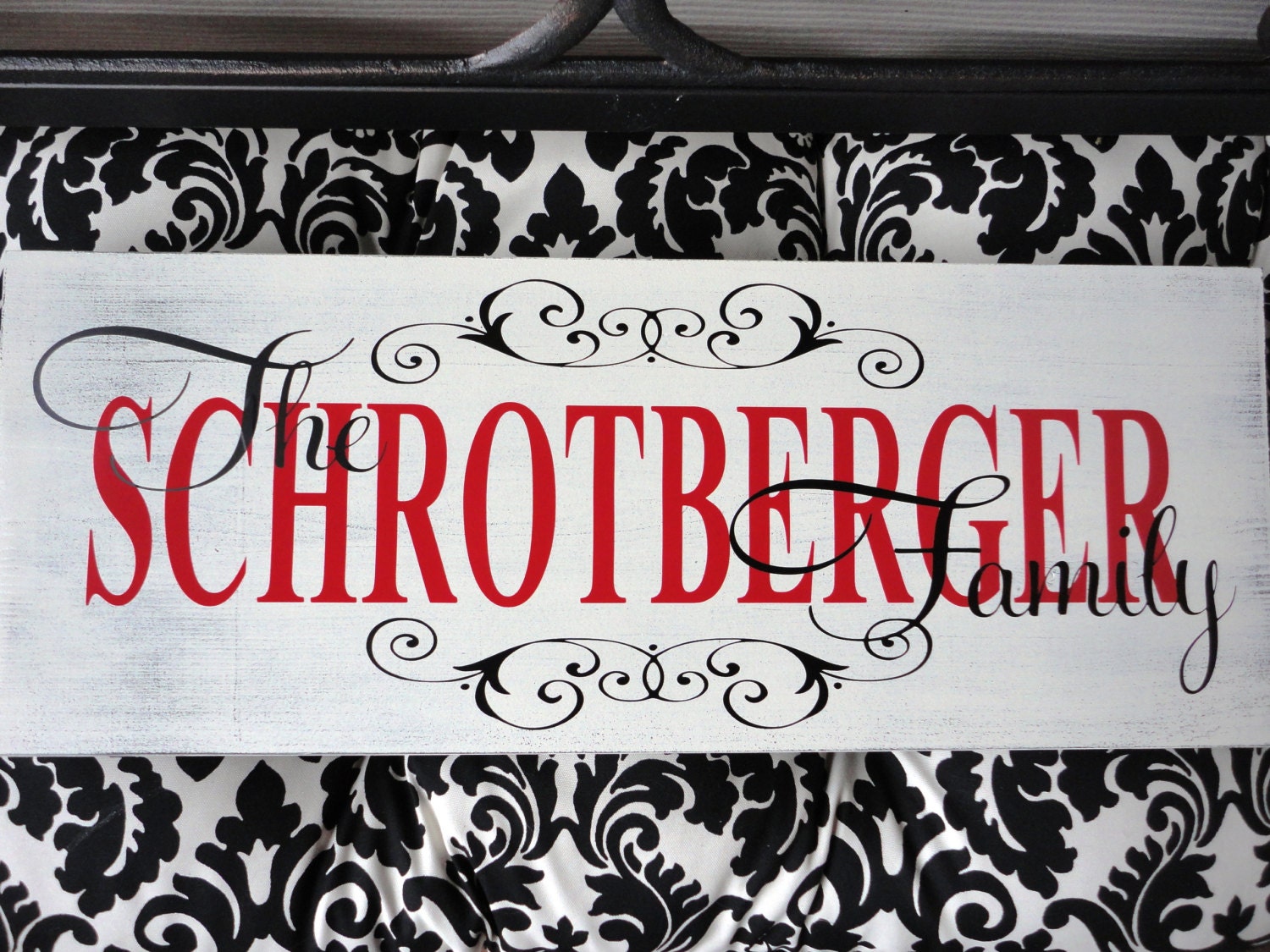 Last Name Sign with Decorative Scroll. Family Name, Home Sign. 8 X 24 inch, 1-Sided. For Weddings, Anniversary, Bridal Shower or Home Decor.