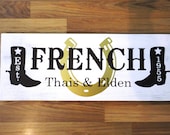 Father's Day Gift Sign. Custom Last Name Sign. Personalized, Country, Western, Horse Shoe, Cowboy Boots. Vintage, 10 X 24 inches.