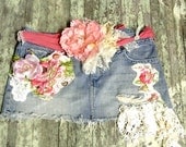 Mini skirt, boho skirt, denim, shabby floral clothing, crochet, women's country chic clothing, boho style, true rebe lclothing sz 6 med