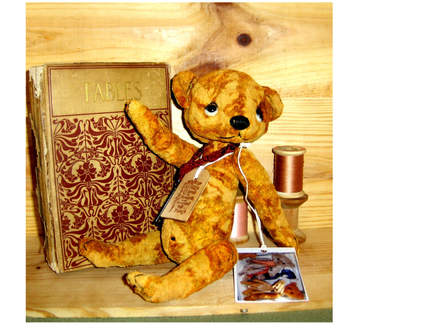 Artist primitive teddy 10/ 1/2inch Duggie, vintage viscose, shoe button eyes, jointed, OOAK,