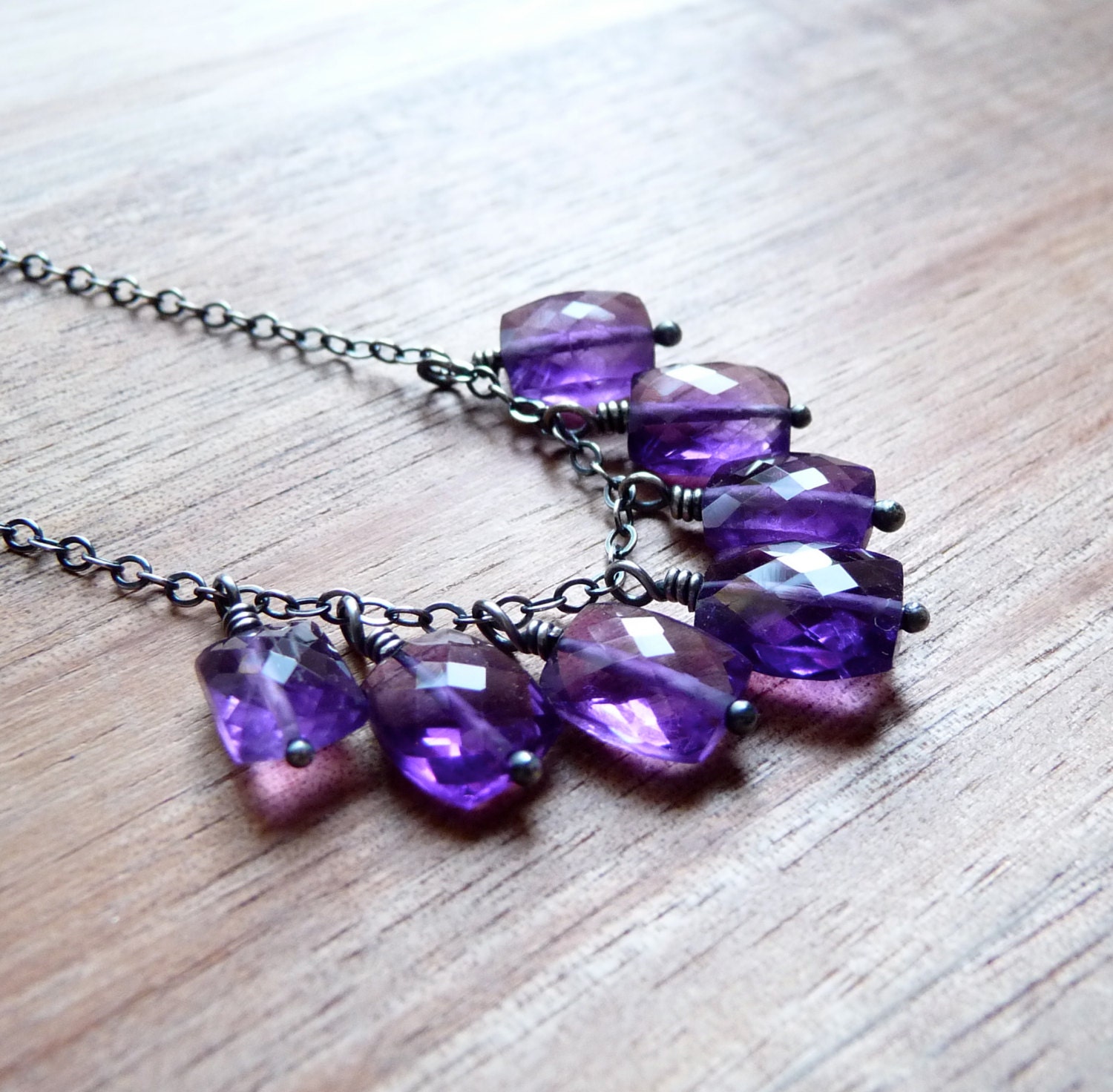 Amethyst Necklace, Purple Amethyst Fringe Necklace, Oxidized Sterling Silver Necklace, Spring Bohemian Jewelry