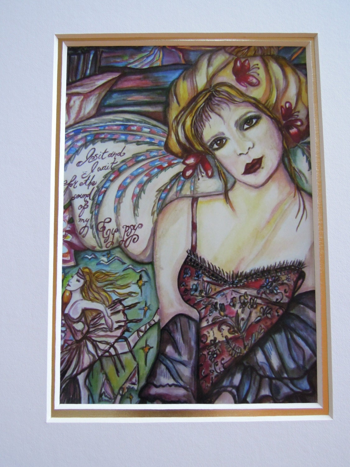 GYPSY ANGEL, Mixed media, Art print Illustration, Collage, in Embellshed mat, Poets, Dreamers, GOddesses