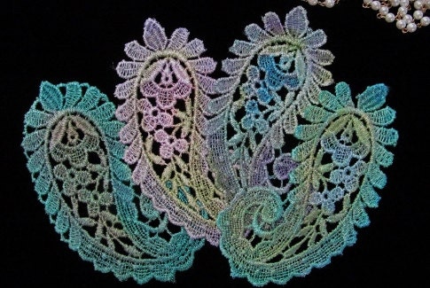 Turquoise Purple Paisley Hand Dyed Venise Lace Applique Embellishment