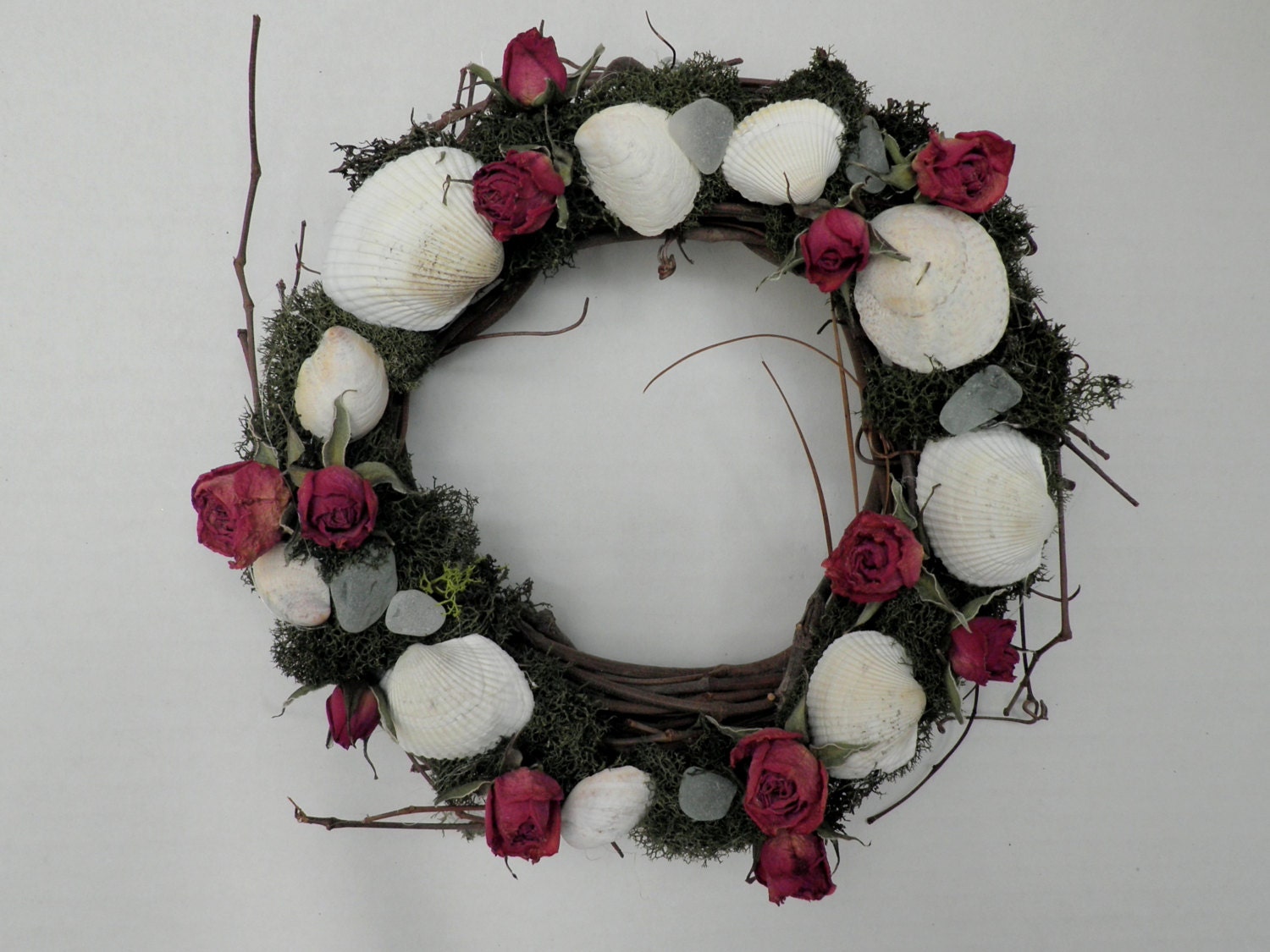 Grapevine Wreath, Moss with Seashells, Sea Glass and Dried Roses