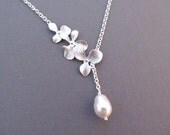 Bridesmaid Necklace, Silver Orchid Flowers with Teardrop Pearl, Wedding Jewelry, Lariat Necklace, Custom Color Pearl