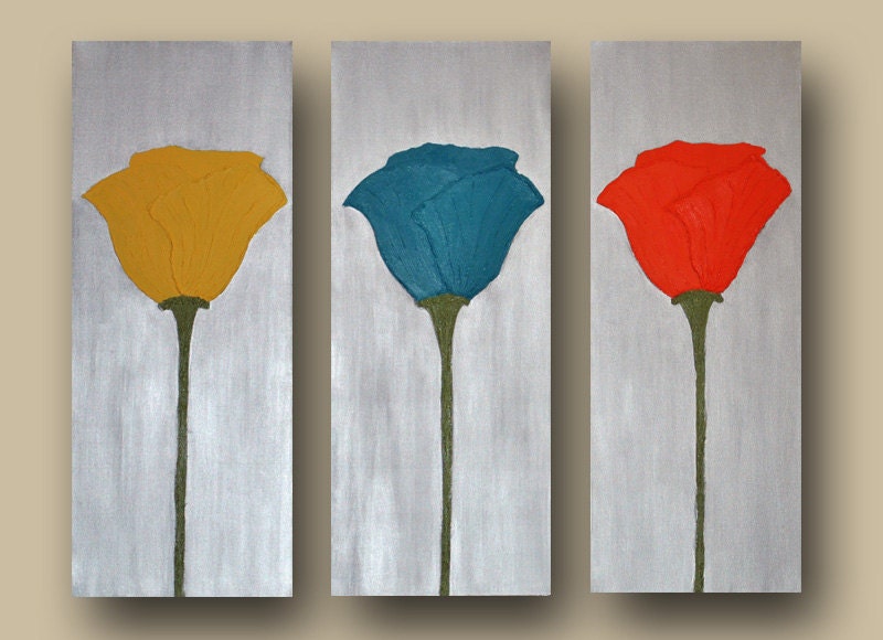 Poppy Flowers Triptych Textured Canvas Paintings 36" x 30" -Silver, Yellow, Orange and Blue