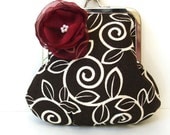 Small clutch purse metal frame, brown and white, burgundy organza flower